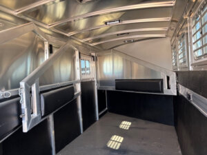 Interior view of an empty Elite 4 horse trailer with metal dividers, padded bars, and windows on the right side allowing natural light to enter. The trailer has a clean black floor and a sleek aluminum ceiling. -Stillwater Trailer Sales