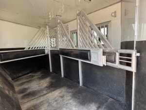 Interior view of a horse trailer showing two partitioned stalls with metal dividers, rubber-lined walls, and windows on the right side, designed for safely transporting horses. -Stillwater Trailer Sales