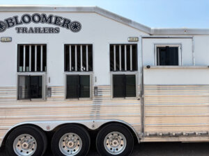 A white Bloomer horse trailer with three barred windows and two standard windows above three tandem wheels, parked outdoors on a sunny day. -Stillwater Trailer Sales