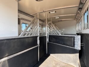 Interior of a Cimarron 4 Horse Trainer trailer with metal dividers and padded walls, featuring gated stalls for safe animal transport. Natural light streams through right-side windows, and the textured floor offers secure traction. -Stillwater Trailer Sales