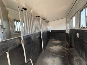 Interior of an empty Sundowner horse trailer with metal dividers, padded walls, rubber flooring, and windows along one side—a dependable 6 horse model designed for safe animal transport. -Stillwater Trailer Sales