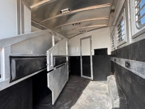 Interior view of an empty Elite 3 Horse Trailer with metal dividers, black padded walls, a door at the far end, and sunlight streaming through windows with metal bars on the right side. -Stillwater Trailer Sales
