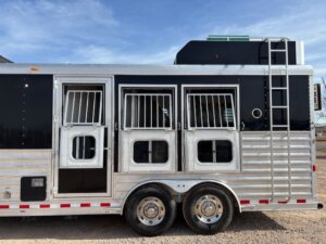An Elite 3 Horse Trailer in black and silver, featuring three barred windows, three doors, two wheels, a rooftop air conditioning unit, and a rear silver ladder, is parked on gravel under a blue sky. -Stillwater Trailer Sales