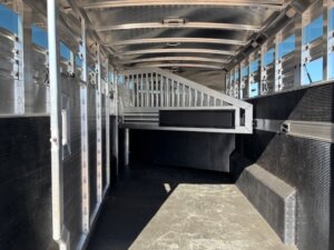 Interior view of an empty Elite 4+1 Combo livestock trailer, showing metal walls, a slatted gate divider, and a non-slip black floor with sunlight streaming in from outside near the Side Tack area. -Stillwater Trailer Sales