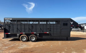 A black livestock trailer with dual axles is parked on a dirt lot under a clear blue sky. The trailer features a Swift Built logo on the top front corner and a bull head graphic near the front door. -Stillwater Trailer Sales