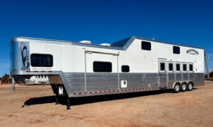 A large, silver and white gooseneck horse trailer with multiple windows and three axles is parked on a dirt lot under a clear blue sky. The trailer has The Evolution and Bloomer signage on its side. -Stillwater Trailer Sales