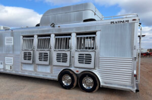 A silver horse trailer with multiple barred windows and doors is parked on gravel. It has dual axles with shiny wheels, an air conditioning unit on top, and the brand name PLATINUM near the roof. The sky is partly cloudy. -Stillwater Trailer Sales