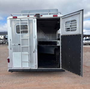 A silver horse trailer with its rear door open, revealing an empty interior with a partition and a ladder attached to the back. The trailer is parked on a gravel lot under a cloudy sky. -Stillwater Trailer Sales