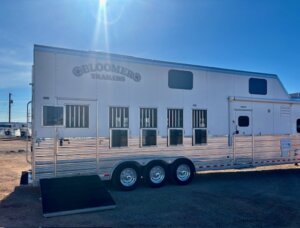A large silver Bloomer horse trailer with multiple windows and doors, a ramp extended to the ground, and three axles, parked on gravel under a clear blue sky. -Stillwater Trailer Sales