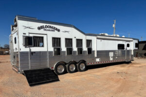 A large silver and white 2019 Bloomer 5 Horse trailer with multiple windows and three axles is parked on a dirt lot. The trailer has an open ramp at the back, perfect for transporting horses under a clear blue sky. -Stillwater Trailer Sales