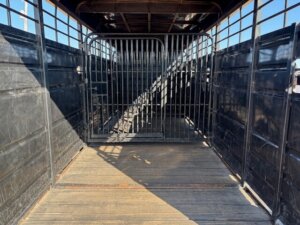 Interior view of an empty livestock trailer with metal bars, a grated gate in the center, and a corrugated wooden floor. Sunlight casts shadows through the bars onto the floor. -Stillwater Trailer Sales