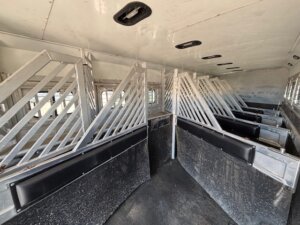 Interior view of a horse trailer with individual stalls, metal dividers, padded sides, and windows along the walls, designed for transporting multiple horses safely. -Stillwater Trailer Sales