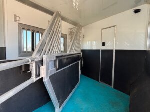 A clean, modern horse trailer interior with metal dividers, black lower walls, white upper walls, and a bright turquoise floor. A door and barred windows are visible in the background. -Stillwater Trailer Sales