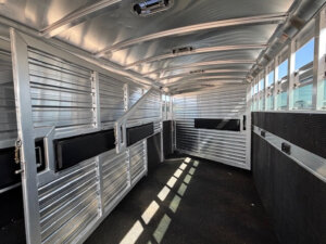 Interior of an empty, metallic Elite 8 Horse Trailer with padded dividers, ribbed walls, a curved roof, windows on the right side, and sunlight streaming through the side openings onto the floor. -Stillwater Trailer Sales