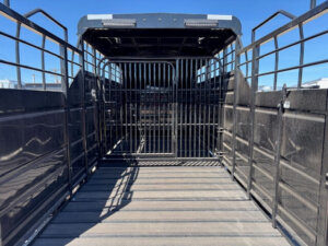 Interior view of a Swift Built 20' 3/4 Top black livestock trailer with metal gates, railings, tack boxes, wooden floor slats, and clear blue sky visible through the open end. -Stillwater Trailer Sales