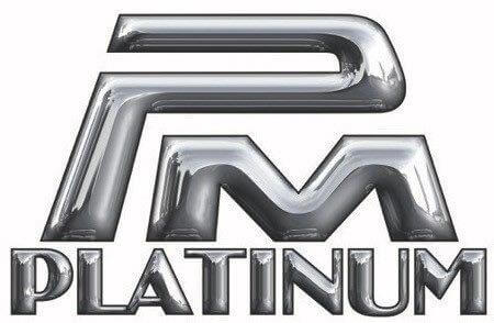 A metallic, chrome-style logo featuring the letters PM in a bold, futuristic font above the word PLATINUM, also in a shiny, embossed silver font. -Stillwater Trailer Sales