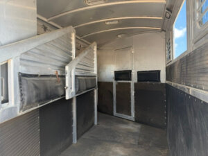 Interior of an empty Elite 3 Horse Trailer with metal dividers, padded sides, rubber mat flooring, and a closed door at the end. Sunlight streams through barred windows on the right side. -Stillwater Trailer Sales