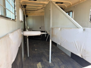 Interior of a Hawk 2+1 Horse Trailer featuring padded dividers, metal rails, a wooden floor, and windows with bars on the sides&mdash;designed for safely transporting horses. -Stillwater Trailer Sales