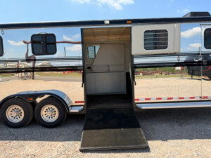 A shiny silver Hawk 2+1 horse trailer with an open side door and black ramp extended to the gravel ground reveals the spacious white interior under a sunny blue sky. -Stillwater Trailer Sales