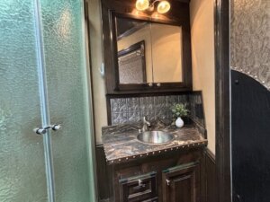 Small bathroom in the Cimarron 4 Horse living quarters features a glass shower door, dark wood vanity with metallic-patterned backsplash, round sink, marble countertop, wall mirror, overhead lights, and a small plant in a white pot. -Stillwater Trailer Sales