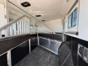 Interior of a Bison 3 horse trailer with metal dividers and padded walls, designed to separate and safely transport multiple horses. The clean, well-lit trailer features windows along the sides and optional living quarters for added comfort. -Stillwater Trailer Sales
