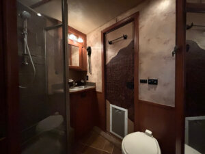 A small Featherlite bathroom in the 4 Horse Trailer Living Quarters features a shower, sink, mirror, toilet, and a textured brown door with a built-in pet door. Warm lighting complements the rustic decor. -Stillwater Trailer Sales